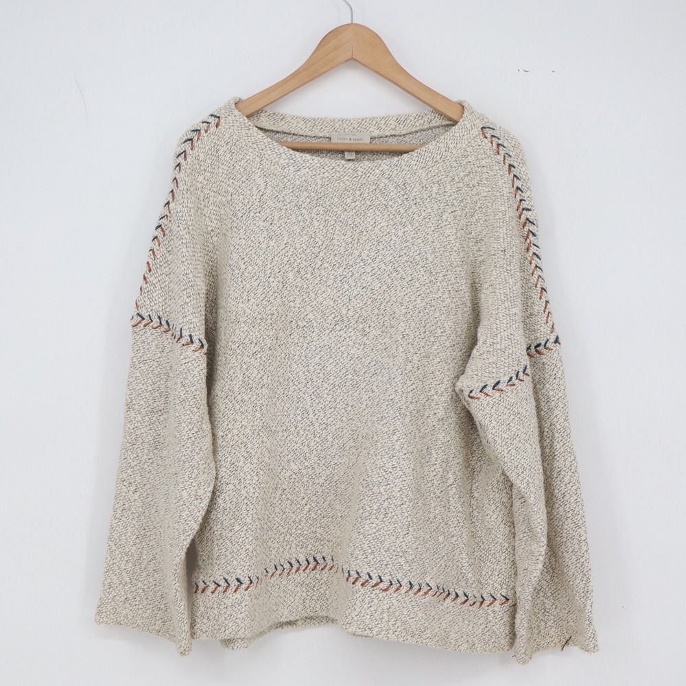 Lucky Brand Sweater Womens L Marled Knit Cream Whipstitch Embroidered Excellent